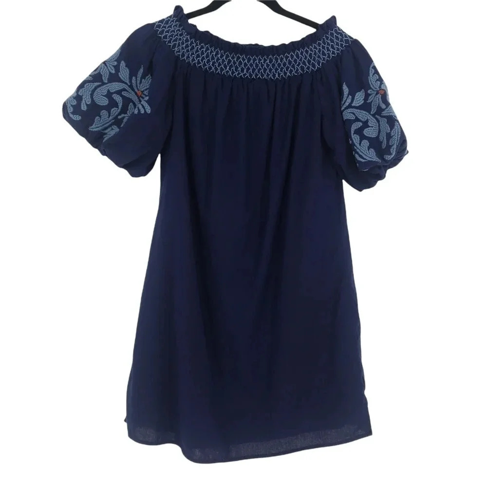 Beach Lunch Lounge Shift Dress Navy Off Shoulder Embroidered Puff Sleeve
